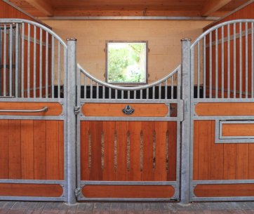 Verzinkte Pferdebox mit Holzfüllung und geschwungenem Gitterdesign für optimale Luftzirkulation. Tipps zur Pflege von verzinktem Stahl für langlebige und robuste Stallanlagen
