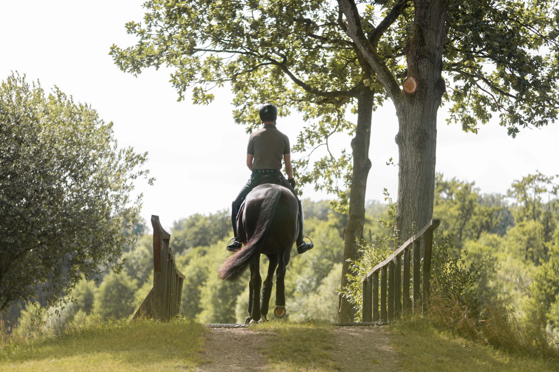 Reiter reitet mit Pferd über eine Brücke