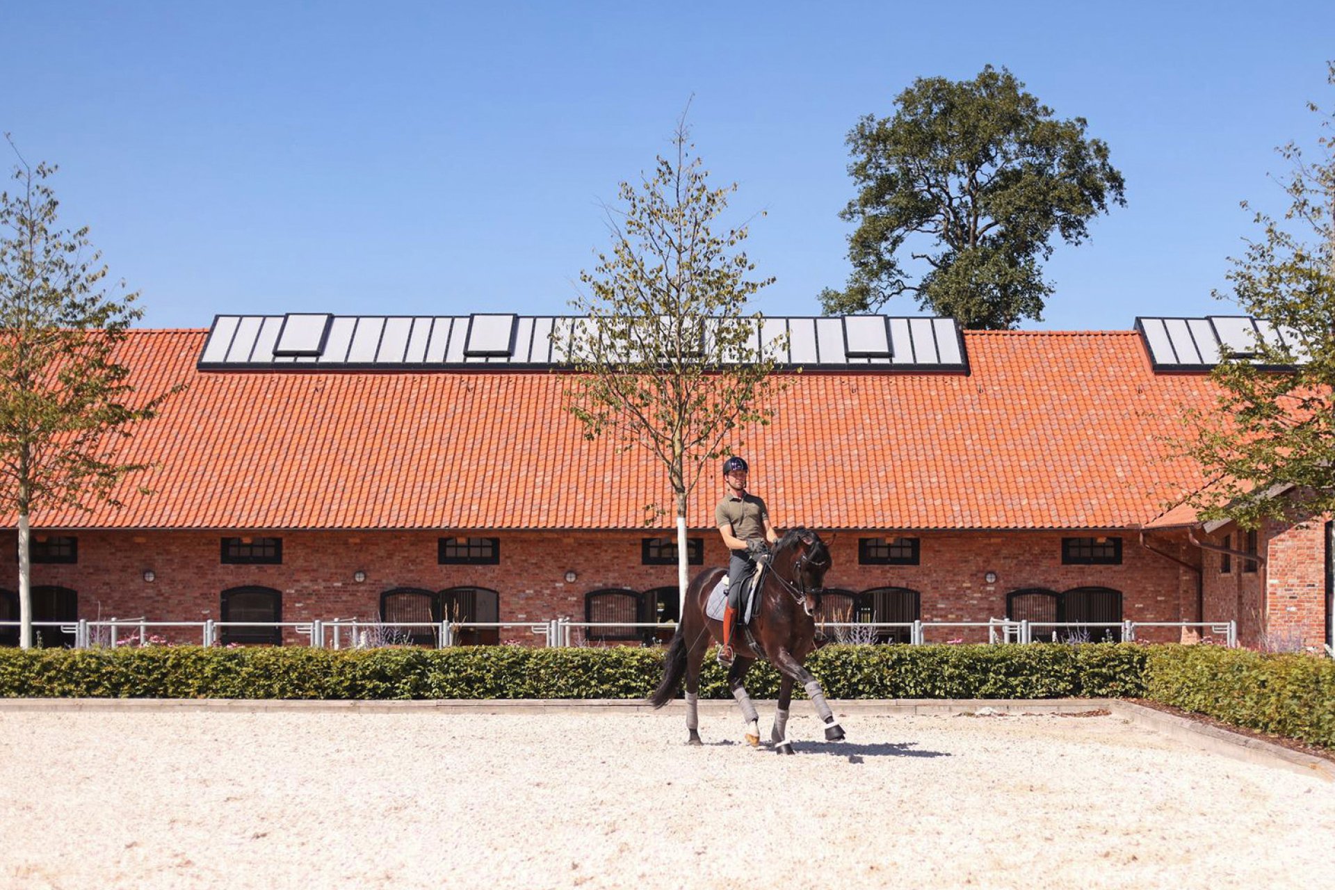 Reiter mit Pferd reitet auf dem Reitplatz vor dem Pferdestall