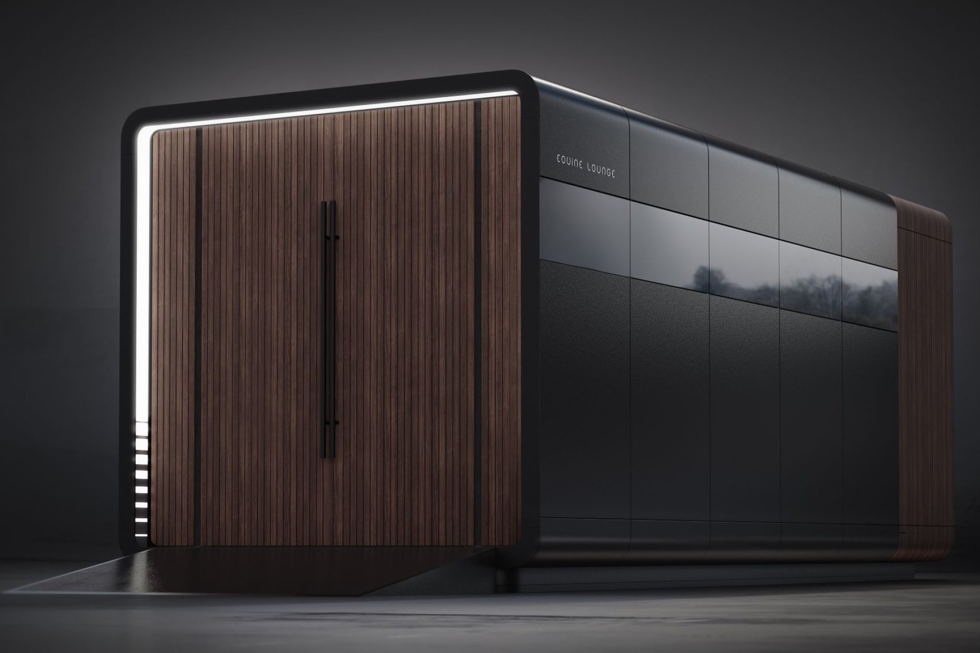 Lounge für Pferde Außenansicht, beleuchtet mit schwarzem Hintergrund