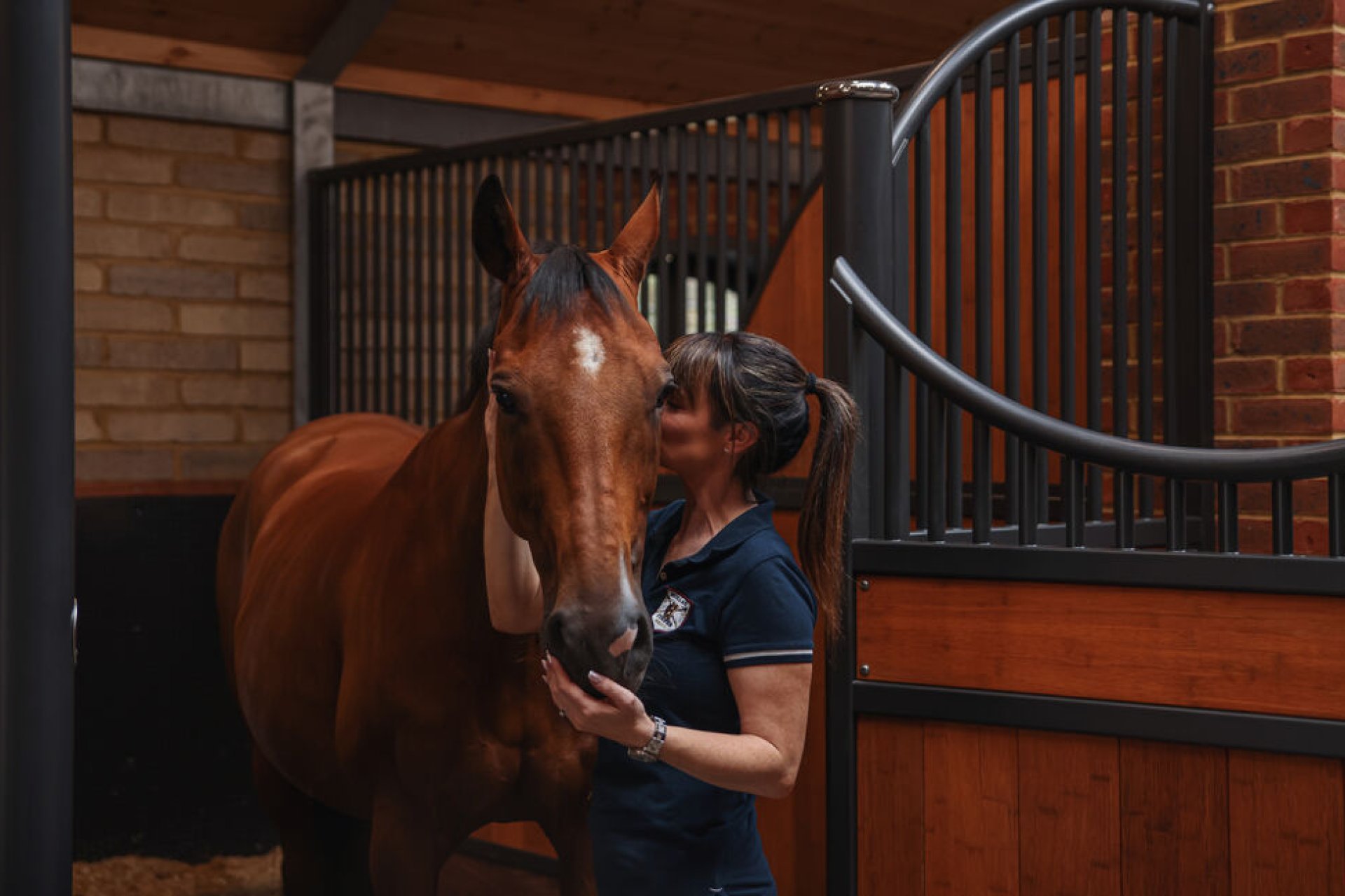Photo pour la carrière d'une femme avec un cheval dans un box