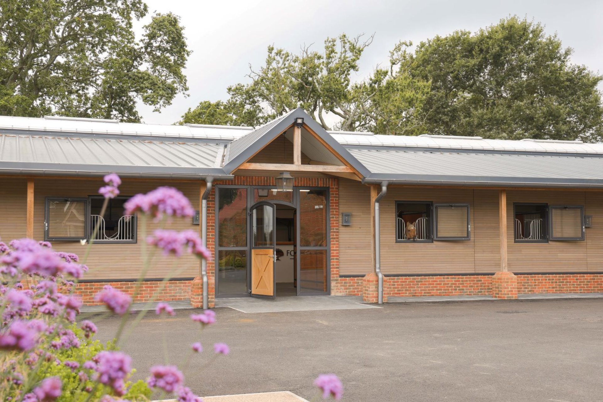 Écurie moderne avec équipement d’écurie de haute qualité, fleurs au premier plan – grandes fenêtres et conception adaptée aux chevaux.