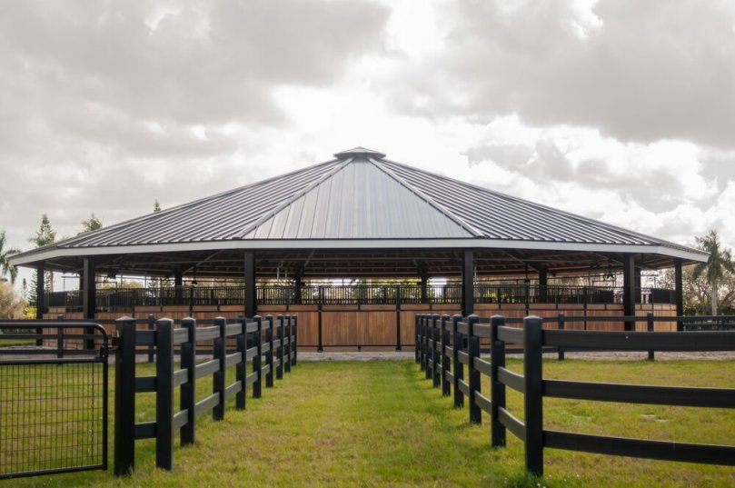 Open horse walker with black roof and black steel beams