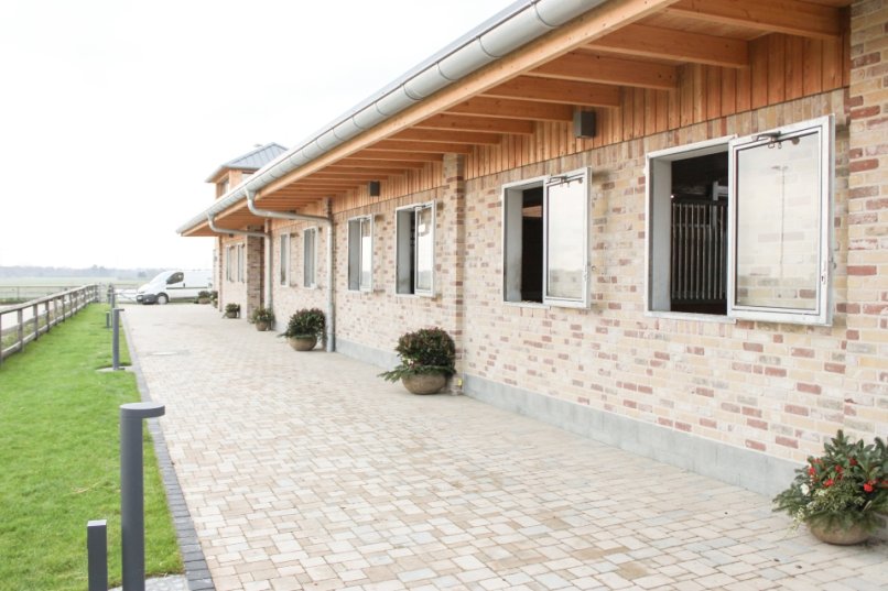 Équipement d’écurie avec fenêtres galvanisées sans grille sur un bâtiment clair en briques, jardinières et cour pavée.